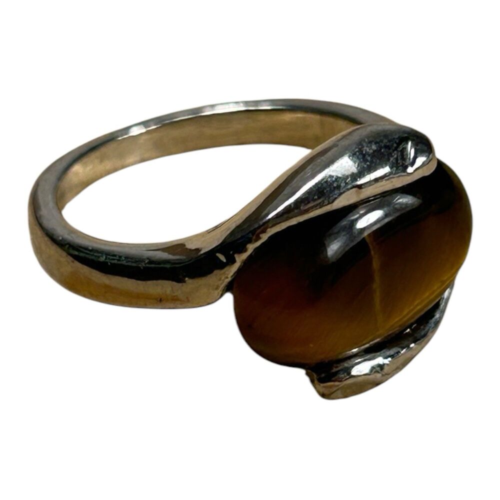 Tiger's Eye-Style Cabochon Freeform Silver-Tone Statement Ring Size 6